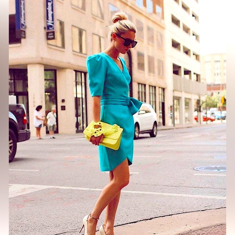 BLACK HALO teal mini dress with puff sleeves and belt details